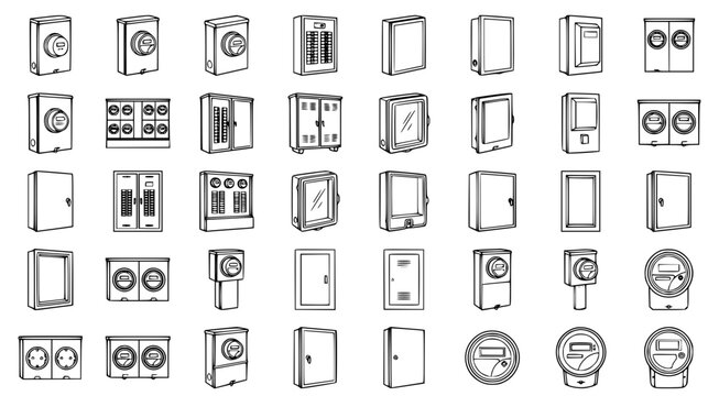 Set of electrical meter boxes and power distribution cabinet icons for residential and commercial infrastructure in a crisp black and white line art vector illustration for technical documentation