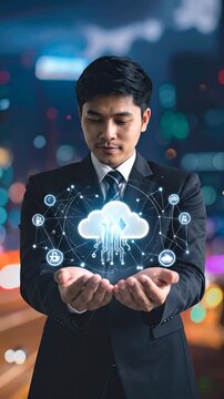 Businessman holds a glowing cloud computing icon in his hands