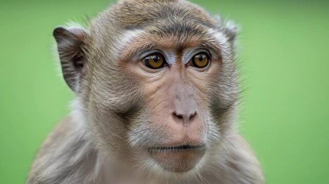 A close portrait of a curious macaque monkey staring with attentive eyes