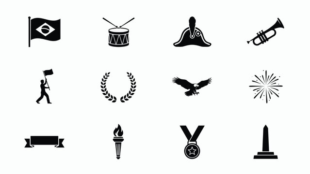 Black and white minimalist icons set with modern silhouette style neutral background versatility cultural heritage through symbols flags evoking themes celebration