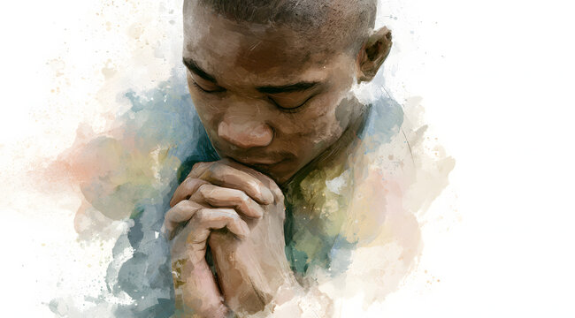 A young Black man, eyes closed, prays with his hands clasped. A watercolor piece depicts devotion and hope. The blank space provides room for text. A serene and spiritual moment is portrayed.