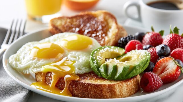 Breakfast plate with two sunny side up eggs on toast, sliced avocado, fresh mixed berries, browned toast, cup of coffee and glass of orange juice on white table background