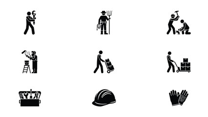 Obraz premium Black and white flat icons showcasing various construction and maintenance tasks with high contrast style against plain background displays clean minimalist