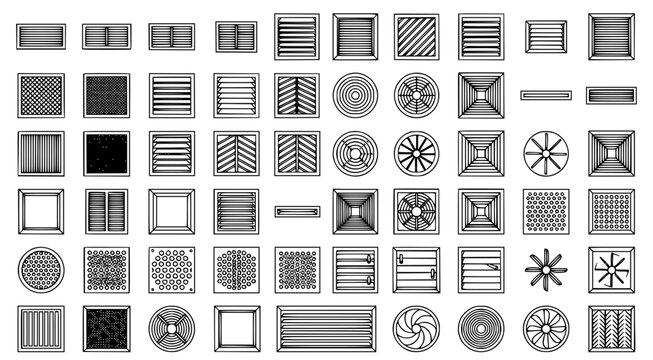 Extensive library of ventilation register and air diffuser icons featuring diverse grid patterns and shapes for modern building HVAC and air conditioning system floor plan documentation
