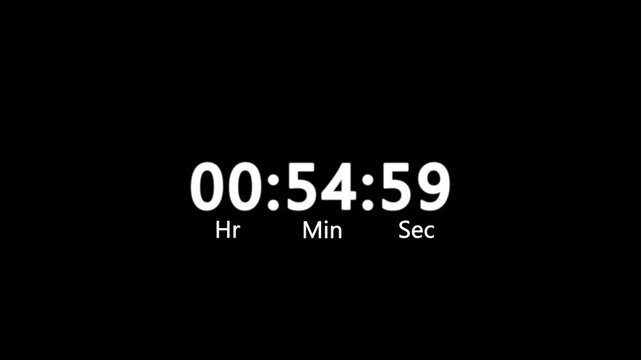 60 minute or 1 hour countdown timer animation on black background.