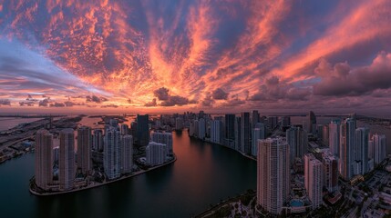 Obraz premium Dramatic orange and purple sunset over modern skyscraper city skyline with reflective waterway and cloudy sky at dusk in urban metropolitan area