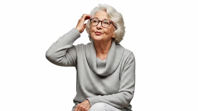 A contemplative senior woman scratching her head while looking upwards in doubt
