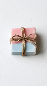 Handcrafted soap bars in pastel pink and blue layers, wrapped with natural twine, are presented in a simple minimalist photo on a clean white speckled background. This product promises a sense of spa 