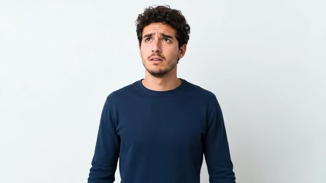 A confused young man shrugging his shoulders with a doubtful facial expression
