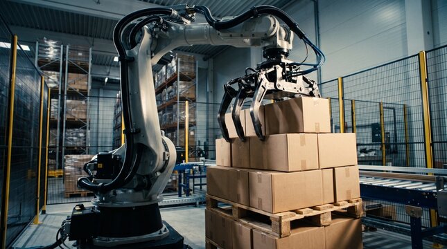 Robotic arm stacking cardboard boxes in a warehouse