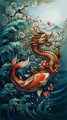 Obraz premium Powerful koi fish transforming into an ethereal dragon while swimming through swirling waves and clouds, symbolizing perseverance and success, dramatic oriental fantasy composition, gold accents