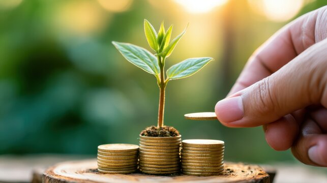 Hand placing coin on stack of gold coins with small green plant growing from top symbolizing investment growth and financial prosperity concept in natural outdoor setting