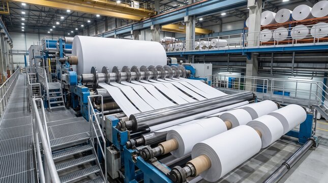 Large industrial paper roll machine in a factory