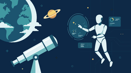 AI Robot Analyzing Astronomical Data in Space with Telescope and Planets © Tahphoto