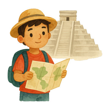 PNG Explorer child with ancient pyramid.