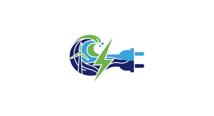 Renewable ocean energy icon with turbine and plug. © fina