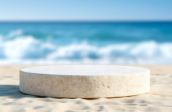 A circular stone base on a dune by the shore, featuring diffused sea crests and a azure sky. Ideal setting for product showcases during the summer break, with water as the backdrop.