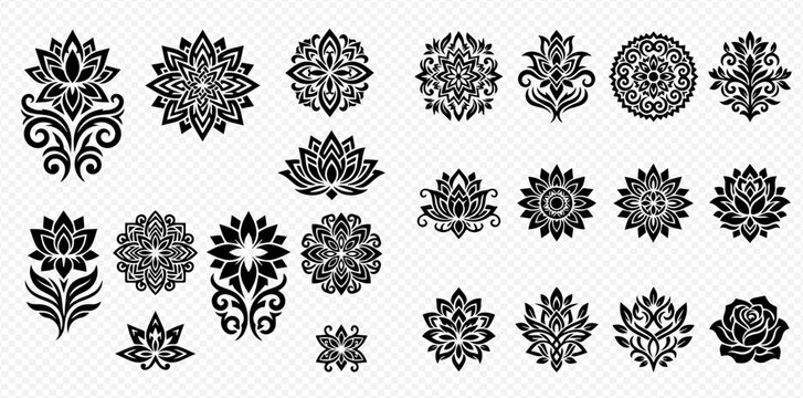 Set of black and white floral patterns, lotus, mandala, and damask vector elements for design.