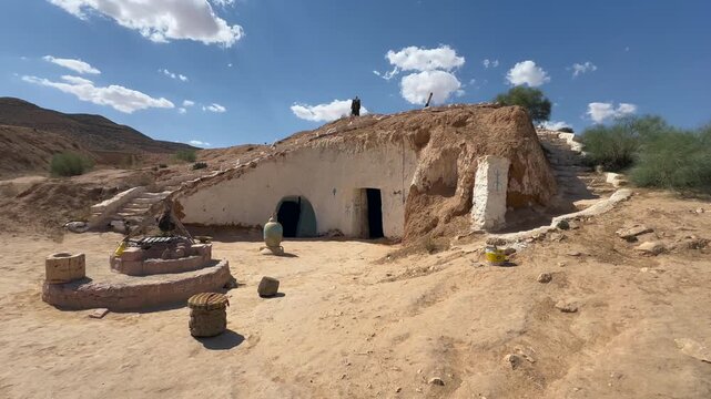 Traditional Matmata cave house in a dry desert hillside with baskets and pottery in the yard under a bright midday sky, Tunisia.