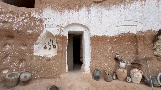 Earthen Matmata cave dwelling doorway is framed by whitewashed plaster, hanging tools, and clay pots along the ground, showing a rustic North African heritage home exterior. Tunisia.