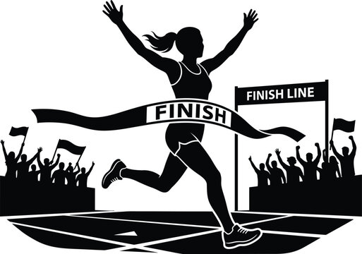 Female runner crossing the finish line of a race with competition marathon cheering achievement exercise