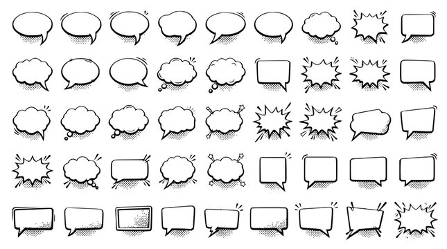 :
Comic Dialogue Bubble Collection with Pop Art Halftone Effects and Empty Speech Balloon Templates
