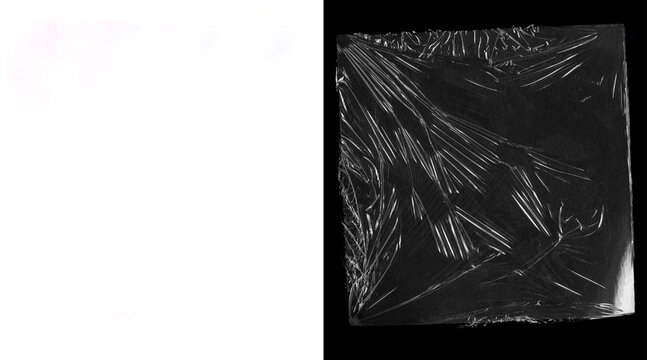 Transparent plastic wrap texture on black background, wrinkled cellophane overlay for graphic design, glossy cling film material with light reflections
