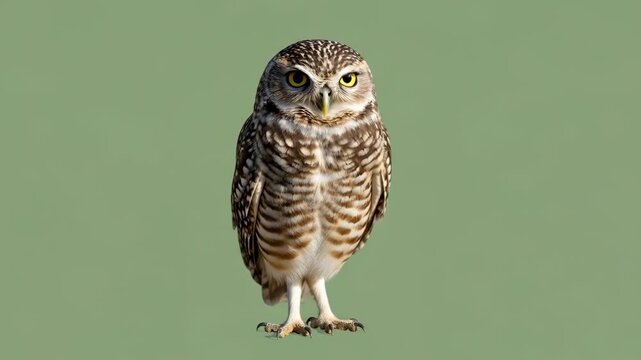 A small burrowing owl looking down with intricate brown and white feathers