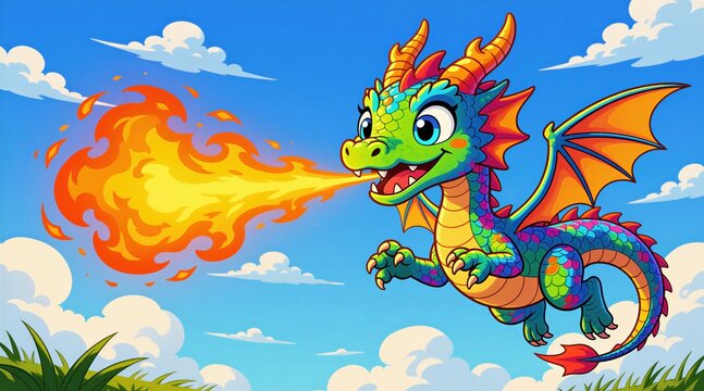 Small colorful baby dragon breathes fire in blue sky with white clouds. Cute fantasy character with wings flies above green grass. Mythical creature scales, horns. Playful animal looks happy in