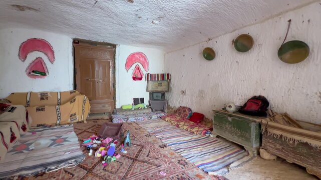 Traditional Matmata cave house living room with patterned rugs, low seating, and handmade Berber textiles in a simple underground interior, Tunisia.