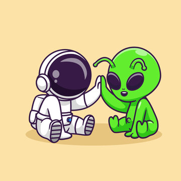 Cute Astronaut And Alien High Five Cartoon