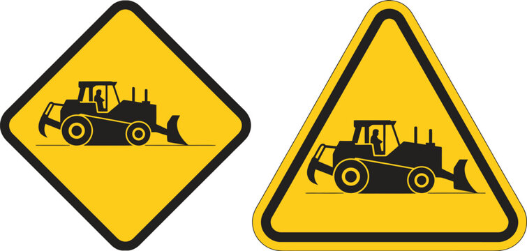 Construction Vehicle Warning Icon featuring loader machinery, hazard symbols, safety signs, industrial equipment, and worksite caution concepts.