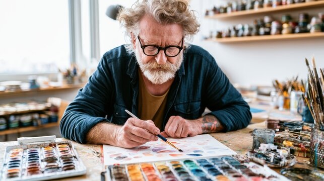 Experienced male artist with gray beard and glasses painting with watercolor paints at wooden table in bright creative studio full of art supplies and brushes