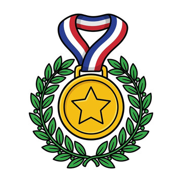 Gold Medal with Star Laurel Wreath and Tricolor Ribbon Vector Icon