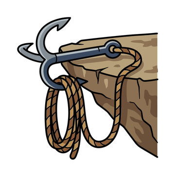 Grappling hook and rope on cliff edge vector illustration