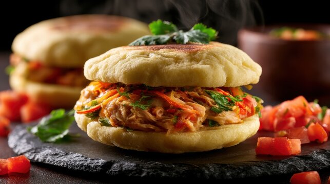 Close-up of toasted sandwich bread filled with spicy shredded chicken, fresh herbs, and finely chopped tomato on dark stone plate with steam rising, delicious meal