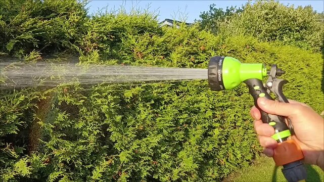 Garden hose spray nozzle in hand watering green hedge plants in the backyard with a water jet stream.