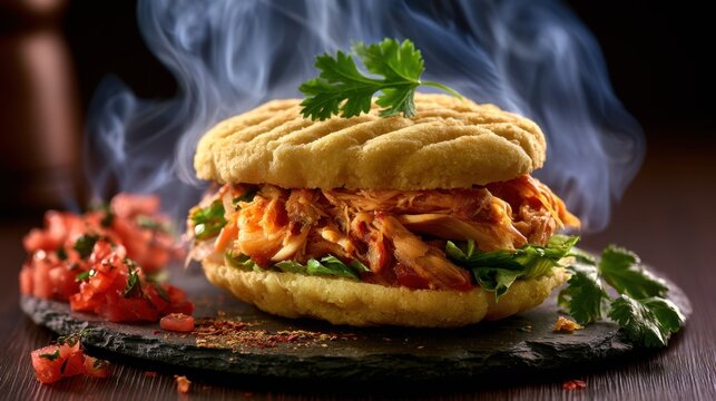 Hot pulled shredded chicken sandwich with fresh green lettuce and sprig of cilantro on roasted flatbread with steam rising and diced tomatoes on wooden table