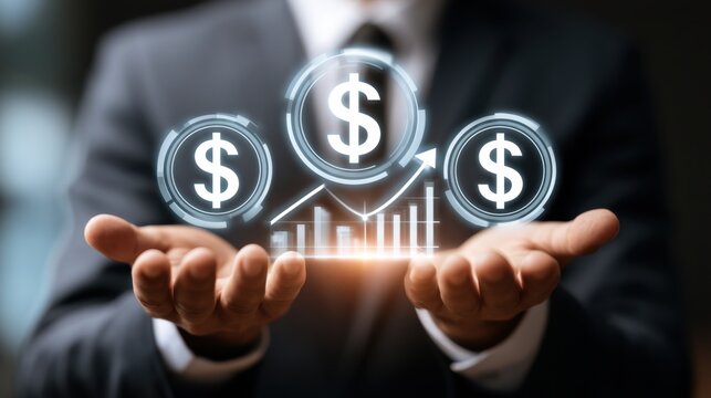 Businessman holding virtual glowing dollar signs with financial growth chart and upward arrow, symbolizing investment success and economic development concept