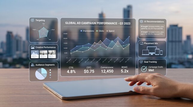 Futuristic holographic interface displaying global ad campaign performance metrics CTR CPC conversions ROAS on tablet screen hand touching augmented reality virtual data visuali...