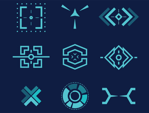 Set of futuristic blue HUD interface elements and digital target icons for sci-fi UI design.