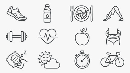 Obraz premium Elegant Minimalist Line Drawing Icons Set Featuring Health Fitness and Wellness Lifestyle Elements in Black and White