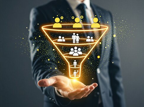 Businessman holds glowing funnel diagram with people icons. Visualizes customer journey sales process conversion funnel. Marketing strategy, lead generation and business analytics concept.