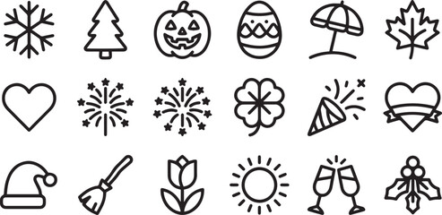 Fototapeta premium Seasonal and festive holiday celebration outline icon set for event planning and calendar design with diverse cultural symbols and nature motifs