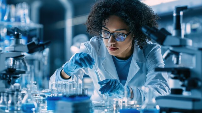 focused young woman scientist wearing glasses and gloves conducting chemical experiment using pipette and glassware in modern laboratory environment with blue lighting