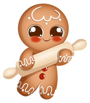 Gingerbread man cookie holding a rolling pin, kawaii Christmas baking character with icing and candy buttons, festive holiday vector illustration isolated on white background