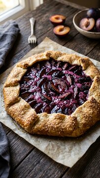 Plum galette rustic fruit tart on parchment paper over dark wooden table in moody light