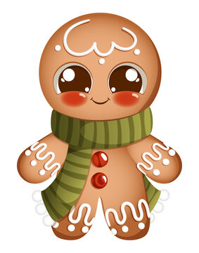 Cute gingerbread man cookie illustration, kawaii Christmas biscuit character with icing, green scarf and red candy buttons, festive holiday vector art isolated on white background