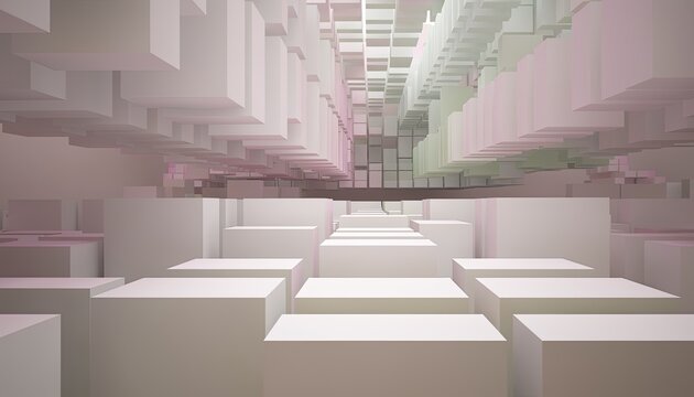 Abstract 3D architectural render of geometric white cubes in a futuristic digital space with soft pink and green light gradients, modern design background.