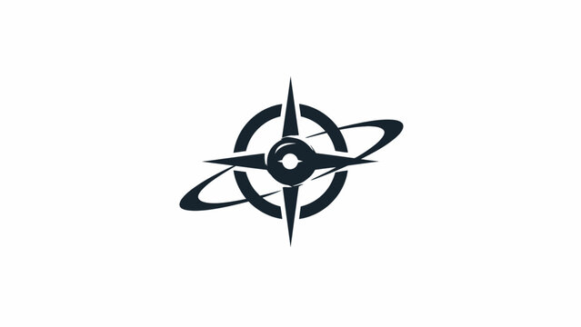 Stylized black compass star with intersecting orbital rings.